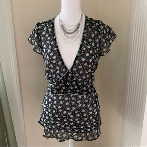 NY&Co floral semi sheer blouse self ribbon tie Brown and blue flowers and trim